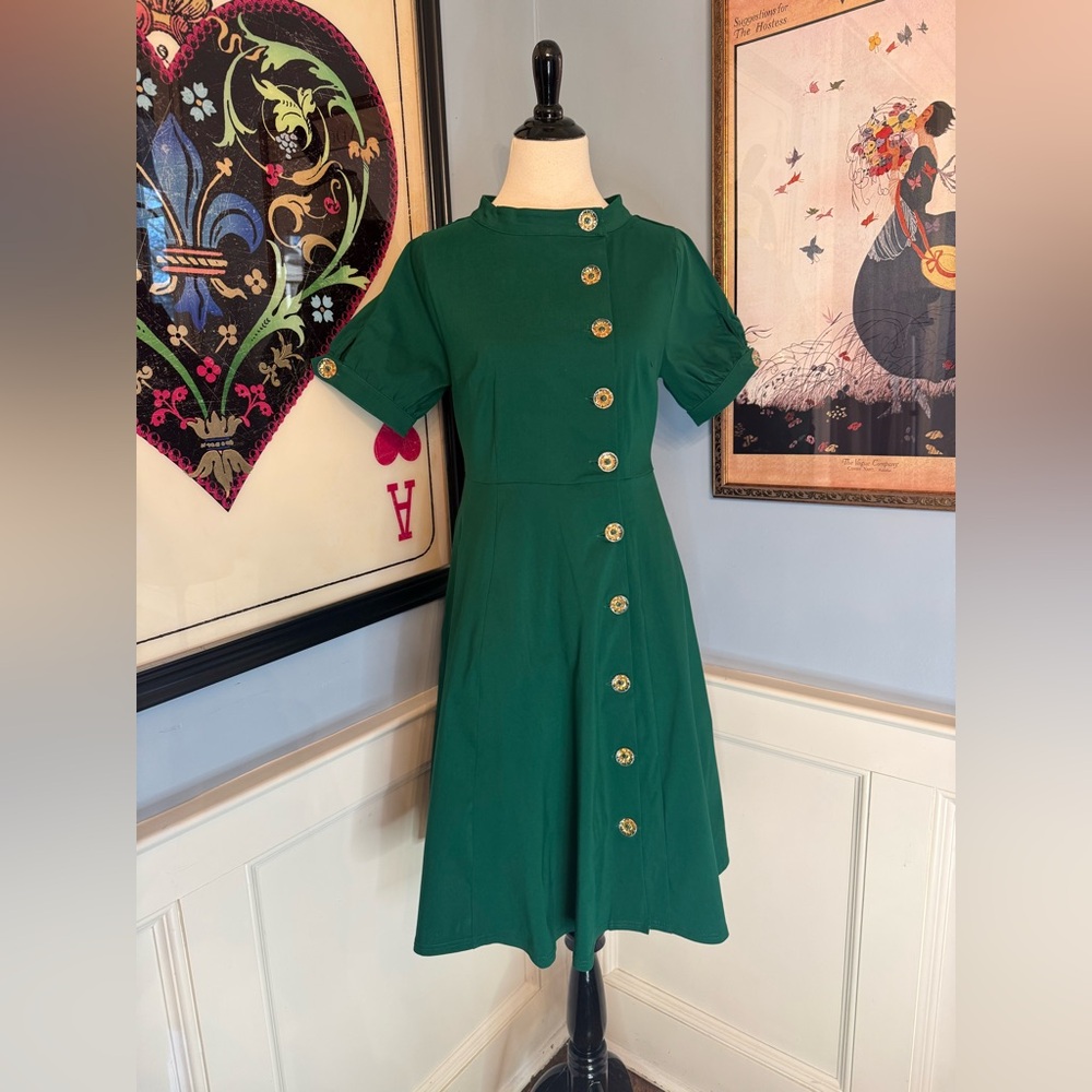 Unique Vintage Green Button Swing Dress Sz L